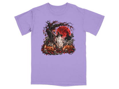 Halloween scene with ghost on swing, raccoons, pumpkins, and castle under red moon.