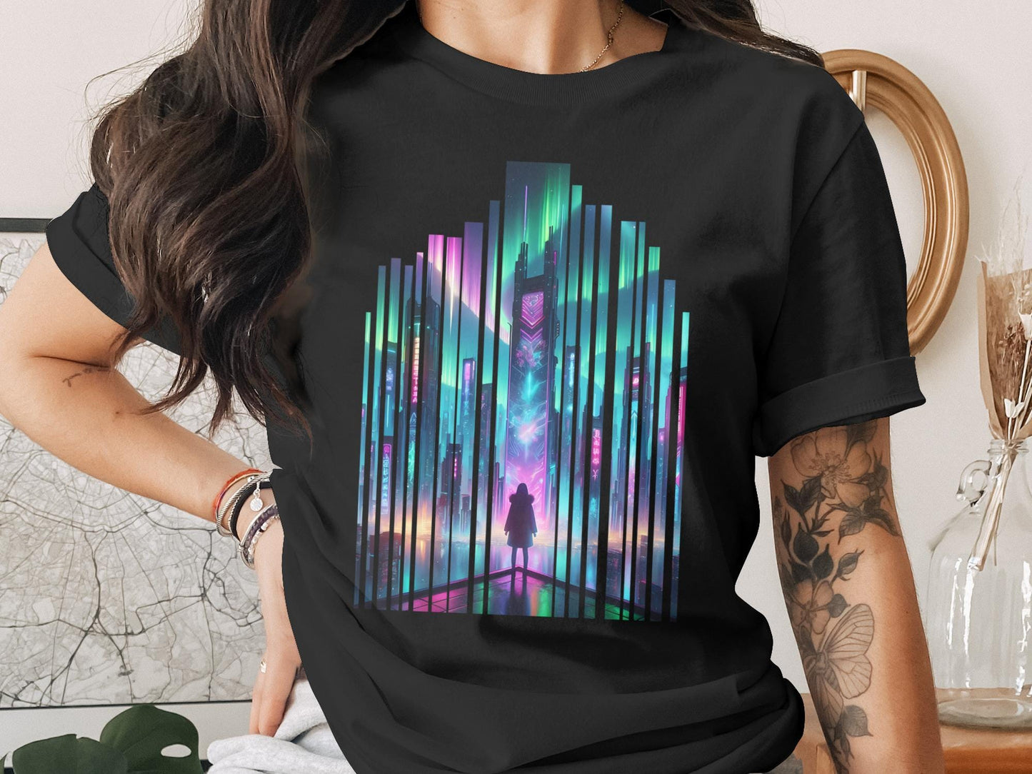 Cyberpunk Cityscape T-Shirt: Aurora Borealis Neon Lights Sci-Fi Tee