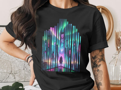 Cyberpunk Cityscape T-Shirt: Aurora Borealis Neon Lights Sci-Fi Tee
