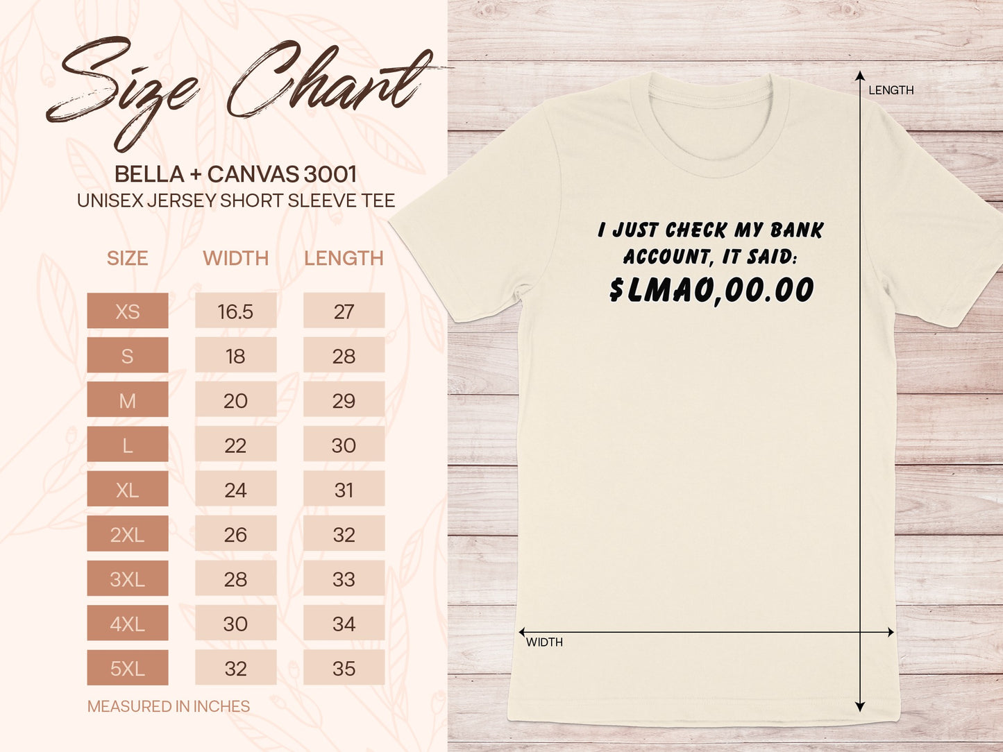 Bella + Canvas 3001 size chart for beige unisex tee with text "$LMAO,00.00".