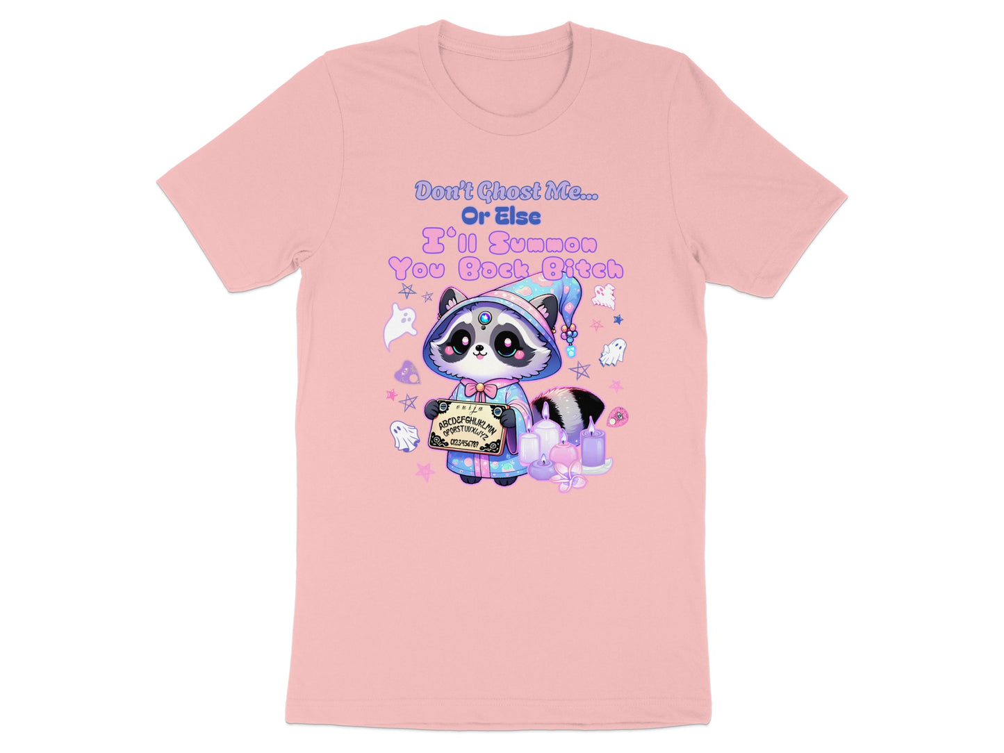 Pink t-shirt with raccoon in wizard hat holding Ouija board and text.