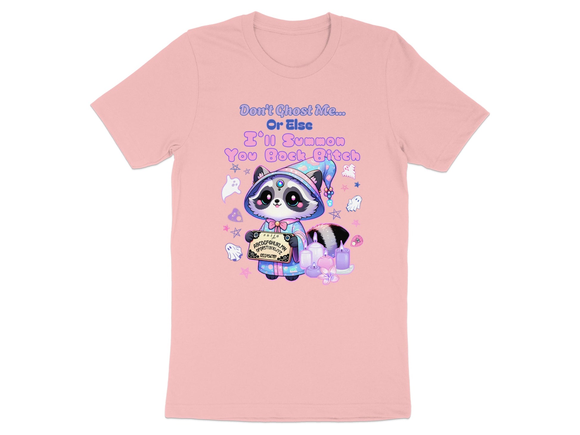 Pink t-shirt with raccoon in wizard hat holding Ouija board and text.