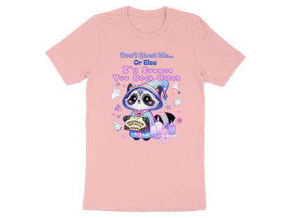 Pink t-shirt with raccoon in wizard hat holding Ouija board and text.