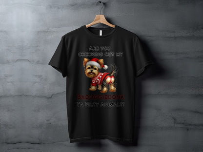 Black t-shirt with a Yorkshire Terrier wearing a Santa hat and Christmas sweater.