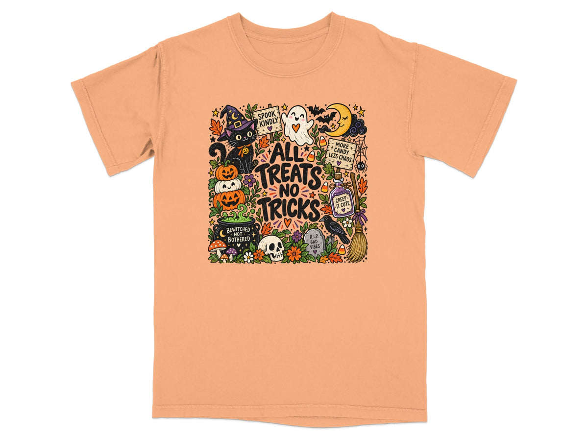 Halloween graphic with text "All Treats No Tricks" featuring black cat, ghost, pumpkins, and potion.