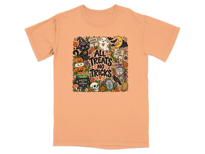 Halloween graphic with text "All Treats No Tricks" featuring black cat, ghost, pumpkins, and potion.