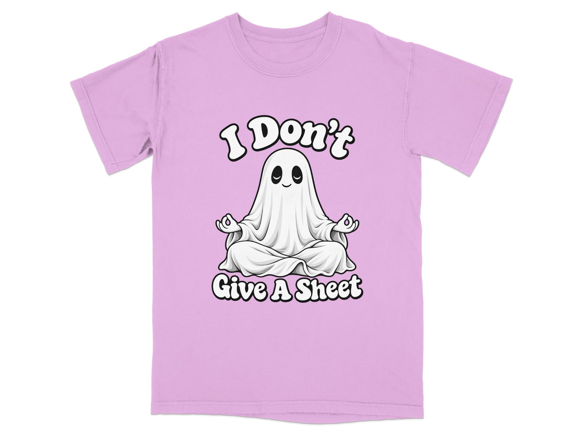 Lavender t-shirt with a cartoon ghost meditating with text "I Don't Give A Sheet."