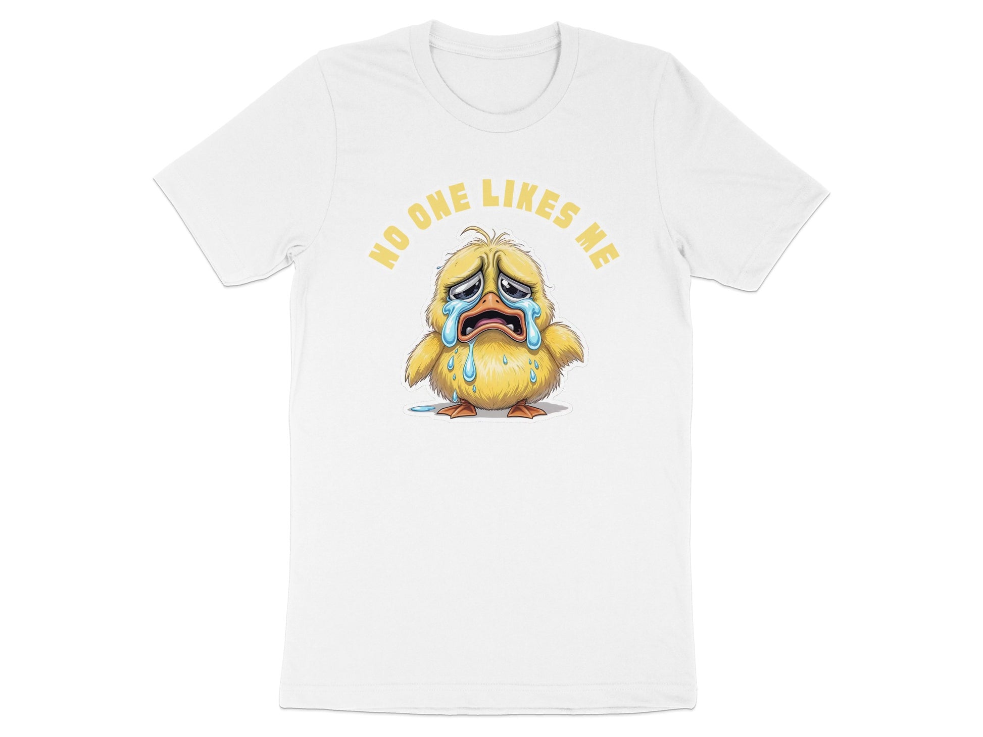 White t-shirt with cartoon chick crying and text "NO ONE LIKES ME".