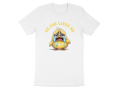 White t-shirt with cartoon chick crying and text "NO ONE LIKES ME".