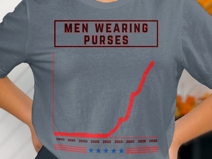 T-shirt with "MEN WEARING PURSES" text and a red line graph showing increasing trend.