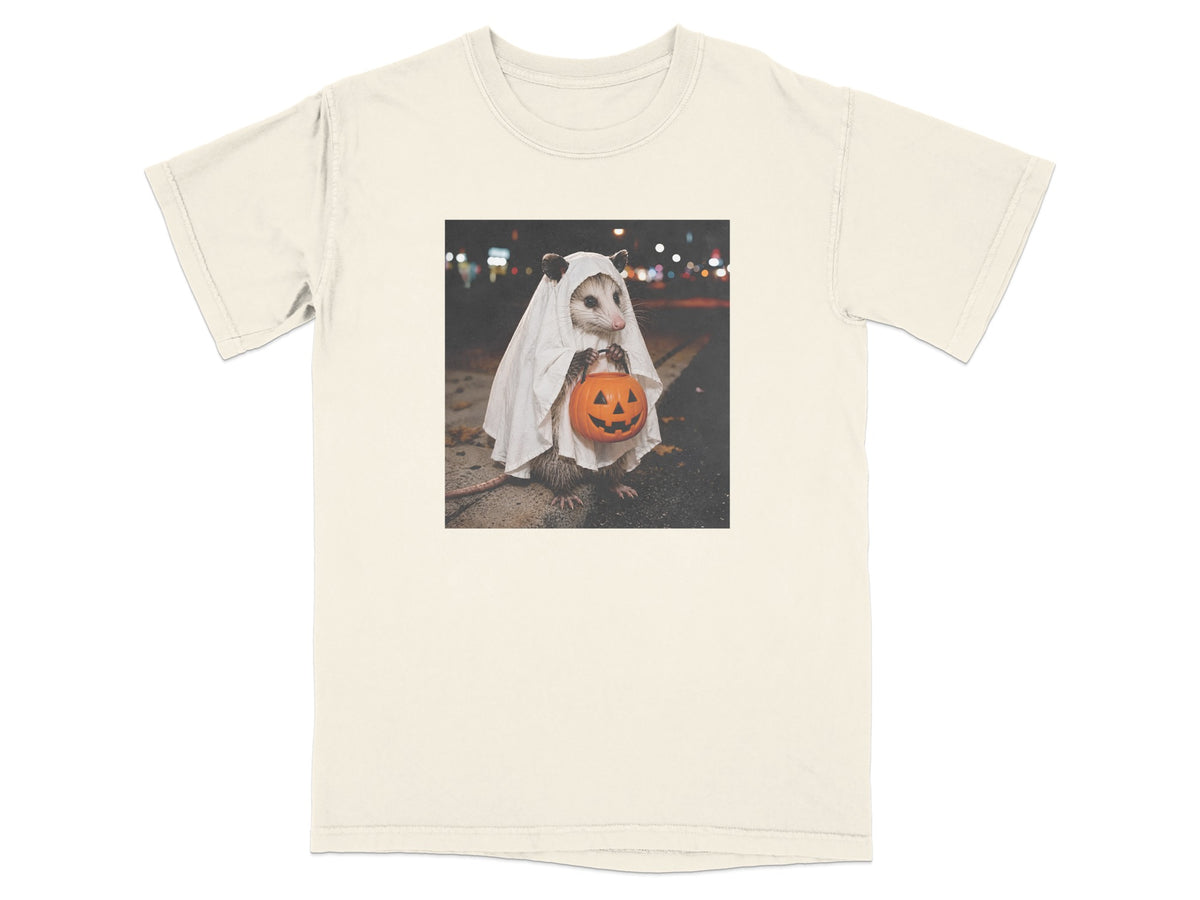 Opossum in ghost costume holding a jack-o'-lantern bucket at night.