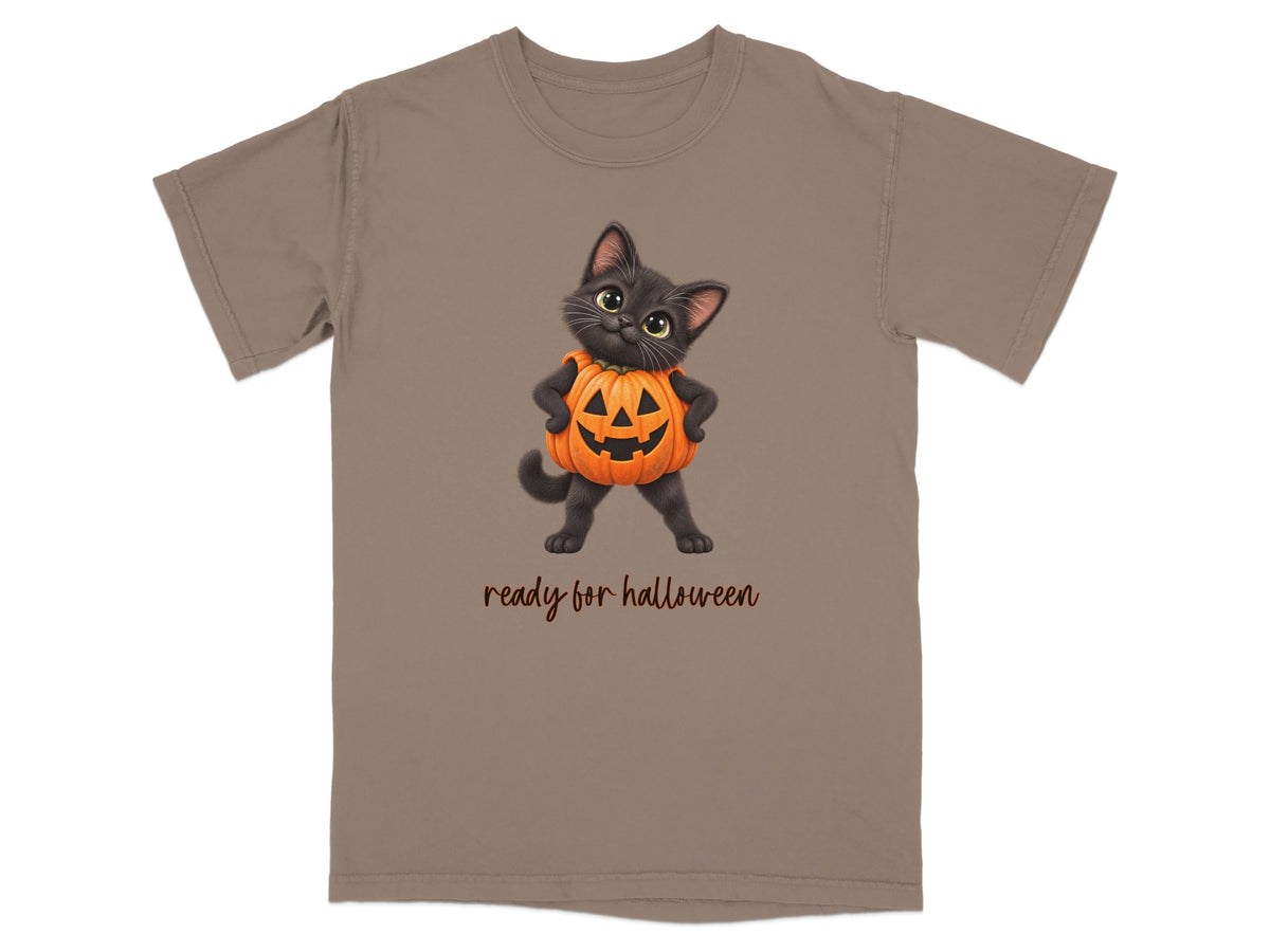Black kitten in pumpkin costume with "ready for halloween" text.