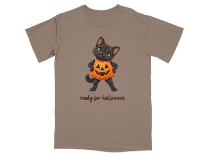 Black kitten in pumpkin costume with "ready for halloween" text.
