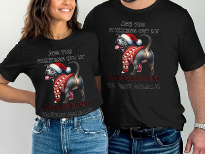 Black t-shirts with a pit bull wearing a Santa hat and sweater, text reads "BADOGGIEDONK".