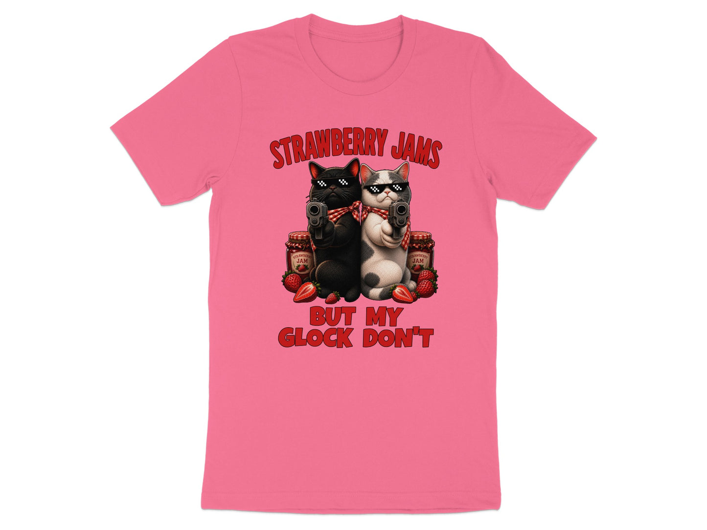 Pink t-shirt with "Strawberry Jams" and cats holding guns text.