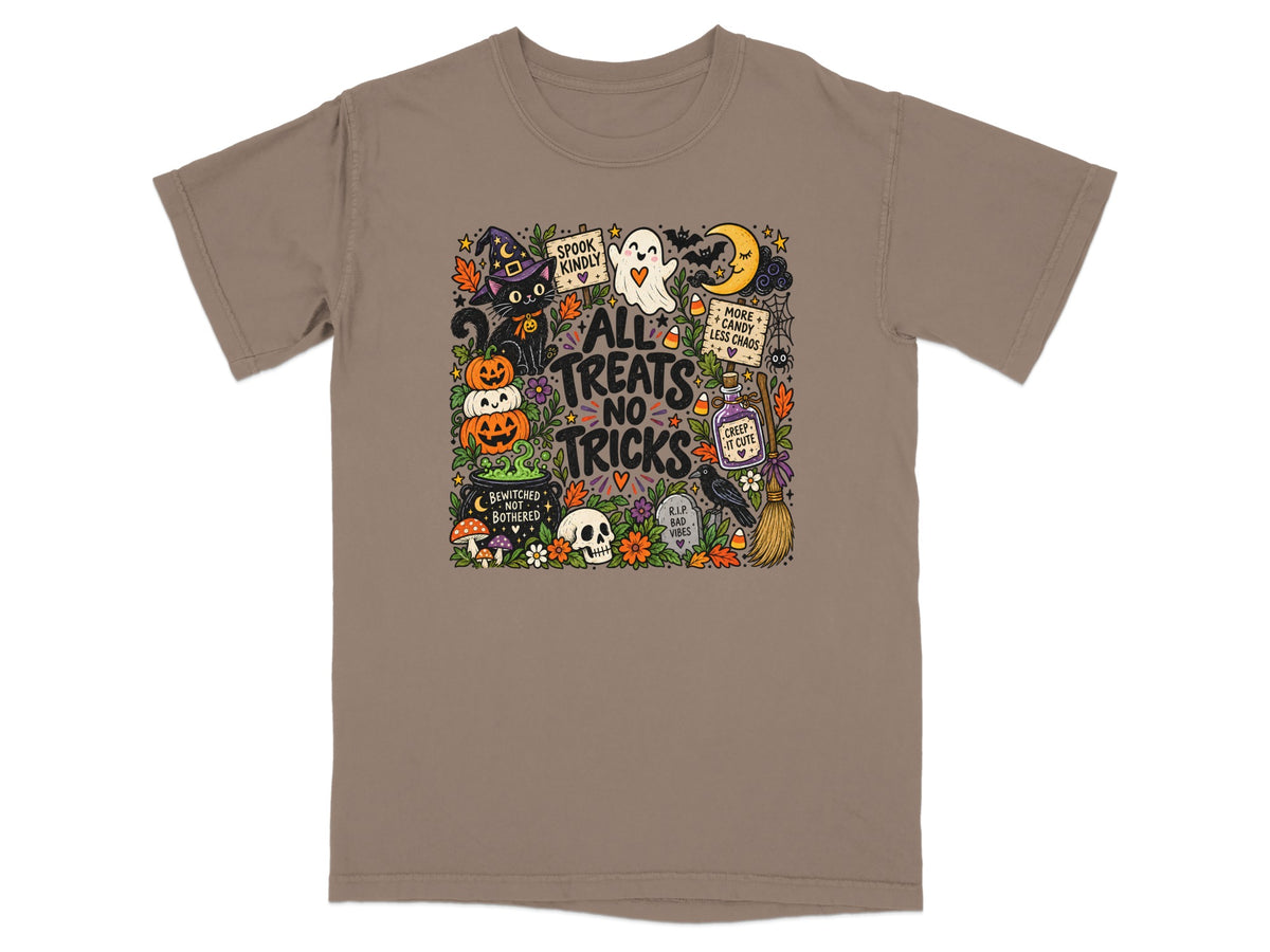 Halloween graphic with black cat, pumpkins, ghost, moon, and text "All Treats No Tricks".