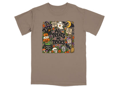 Halloween graphic with black cat, pumpkins, ghost, moon, and text "All Treats No Tricks".