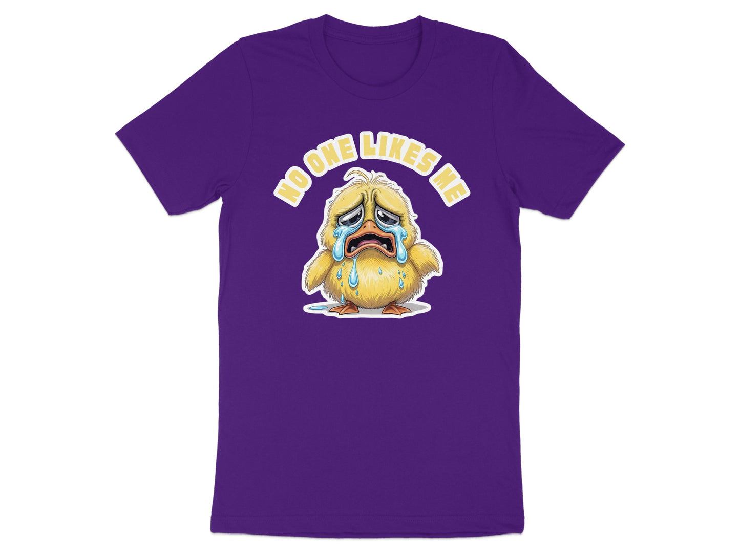 Purple t-shirt with a crying cartoon chick and "No One Likes Me" text.