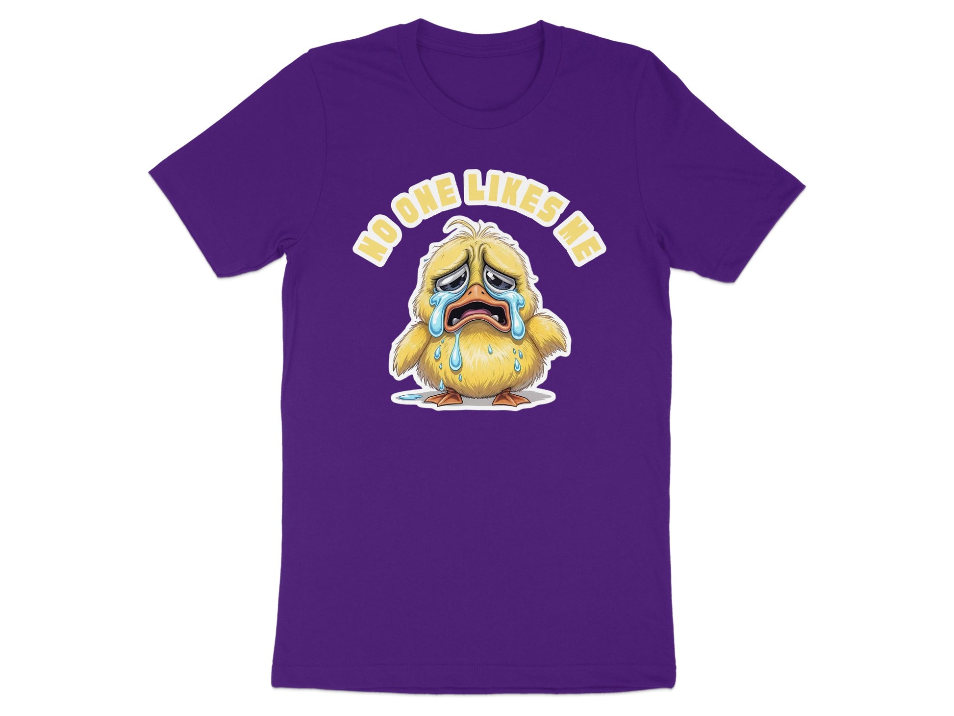 Purple t-shirt with a crying cartoon chick and "No One Likes Me" text.