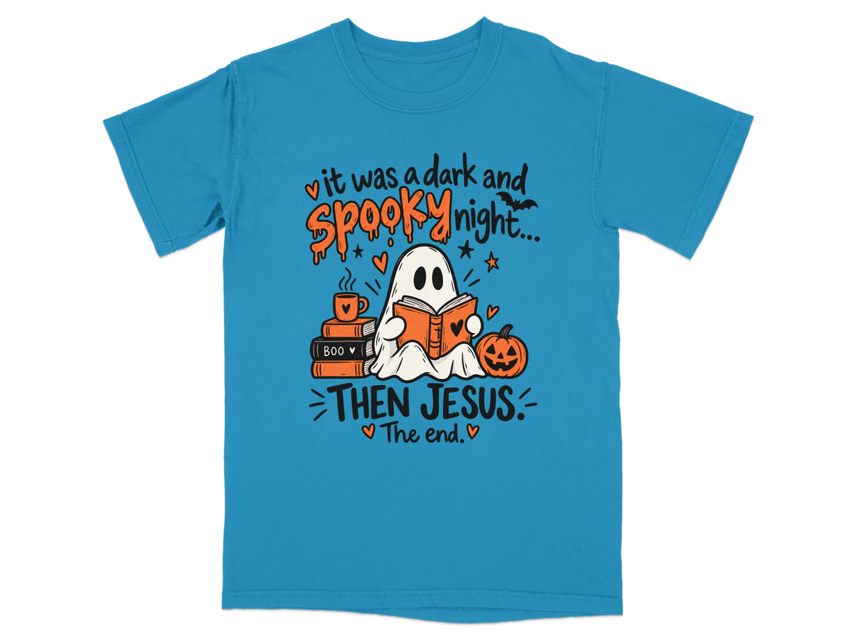 Ghost reading book with text "It was a dark and spooky night... Then Jesus. The end."
