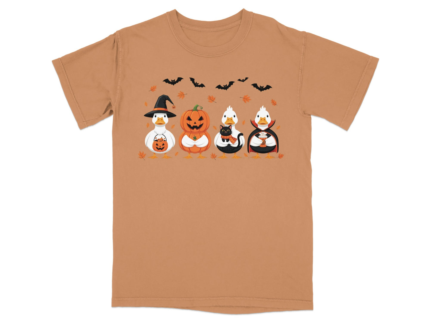 Four cartoon ducks dressed for Halloween with bats and falling leaves.