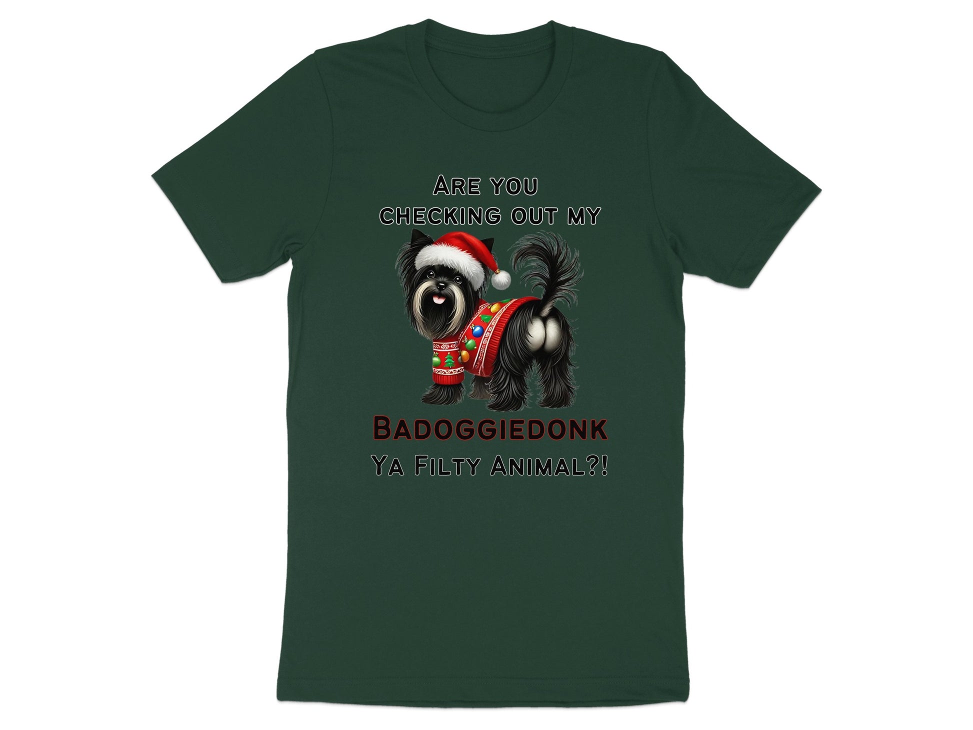 Dark green t-shirt with a black scruffy dog wearing a Santa hat and sweater.