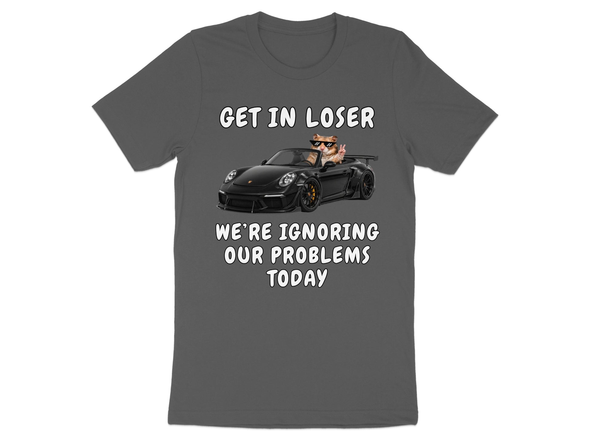Cat in sunglasses in convertible with text "GET IN LOSER WE'RE IGNORING OUR PROBLEMS TODAY".