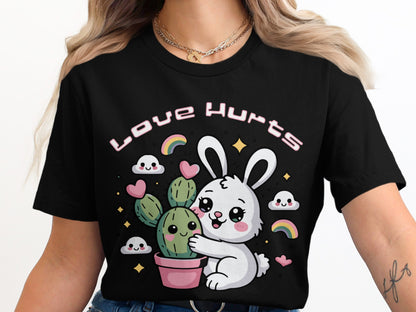 Cute white bunny hugging potted cactus with "Love Hurts" text.