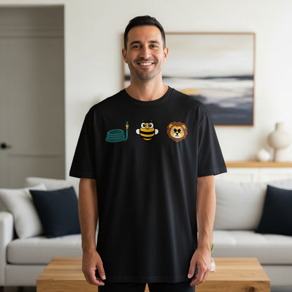 Black t-shirt with a coiled hose, cartoon bee, and lion graphic.