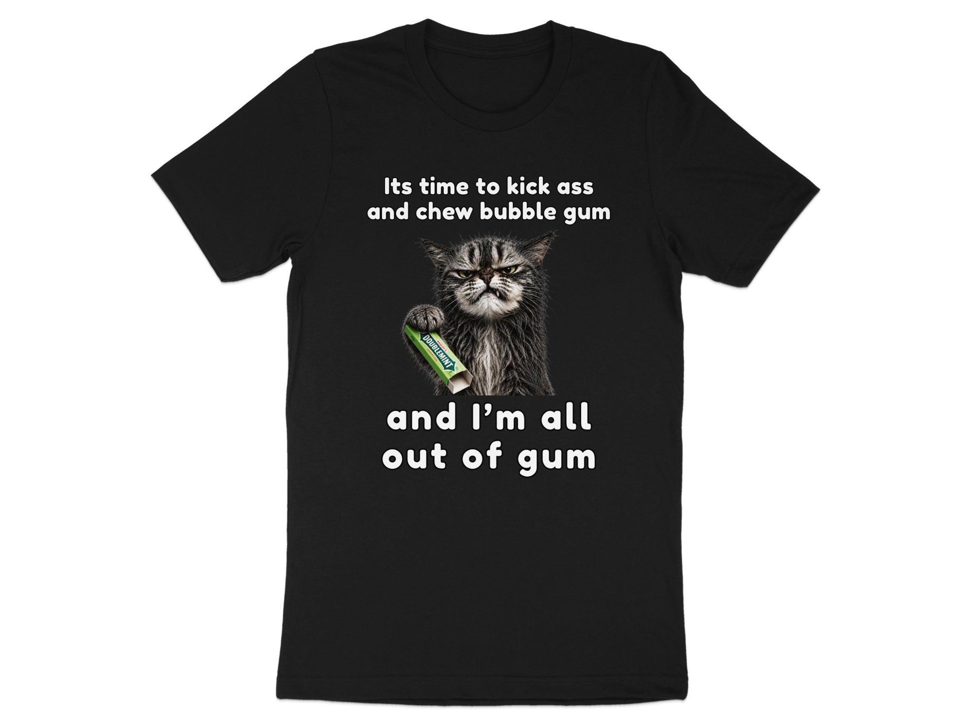 Black t-shirt with a grumpy cat holding Doublemint gum and the text "Its time to kick ass and chew bubble gum and I'm all out of gum".