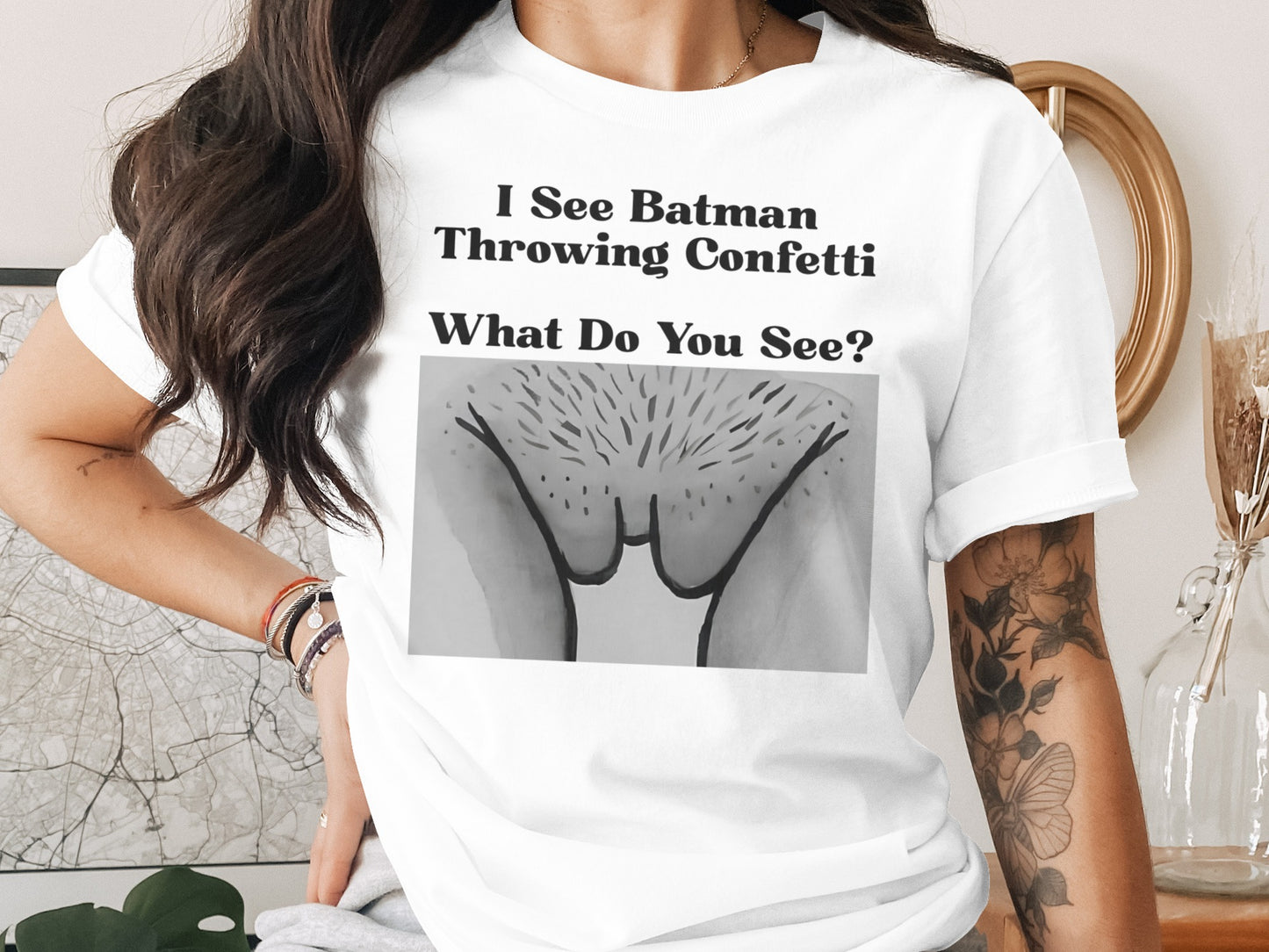 White t-shirt with text "I See Batman Throwing Confetti What Do You See?".