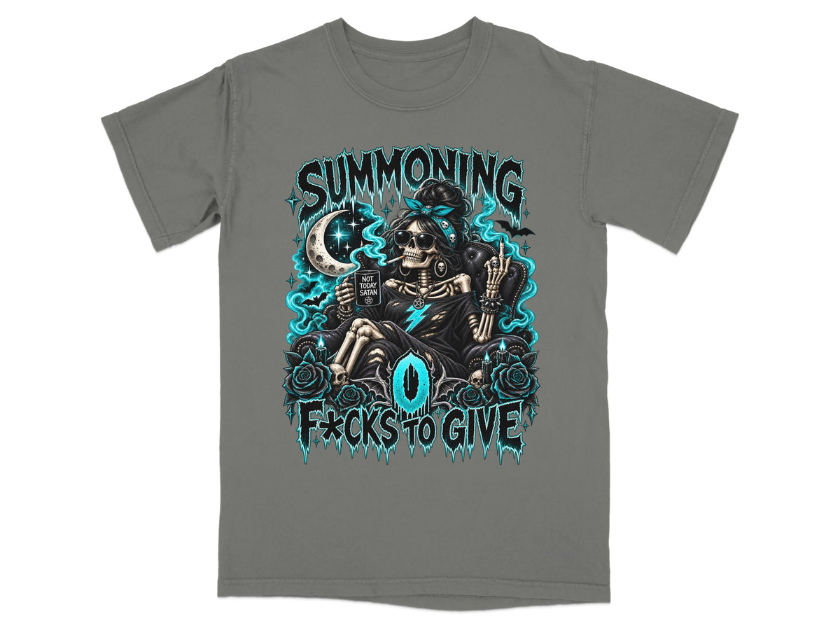 Gray t-shirt featuring a graphic of a skeleton wearing sunglasses and a bandana, surrounded by blue glowing text.