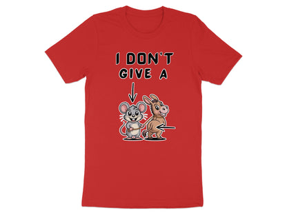 Red t-shirt with cartoon mouse and donkey graphic and text "I DON'T GIVE A".