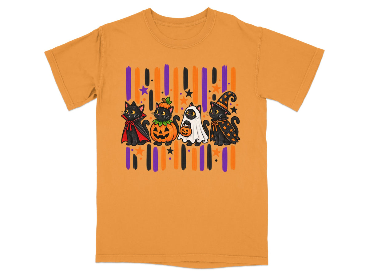 Four cartoon cats in Halloween costumes stand in front of colorful stripes.
