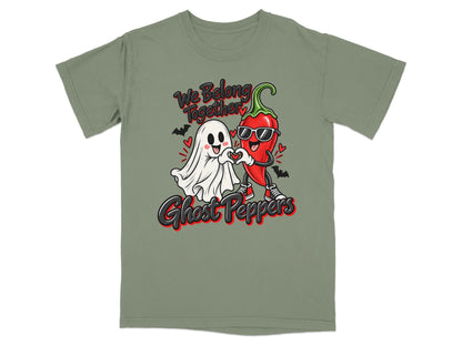 Ghost and chili pepper characters with text "We Belong Together Ghost Peppers".