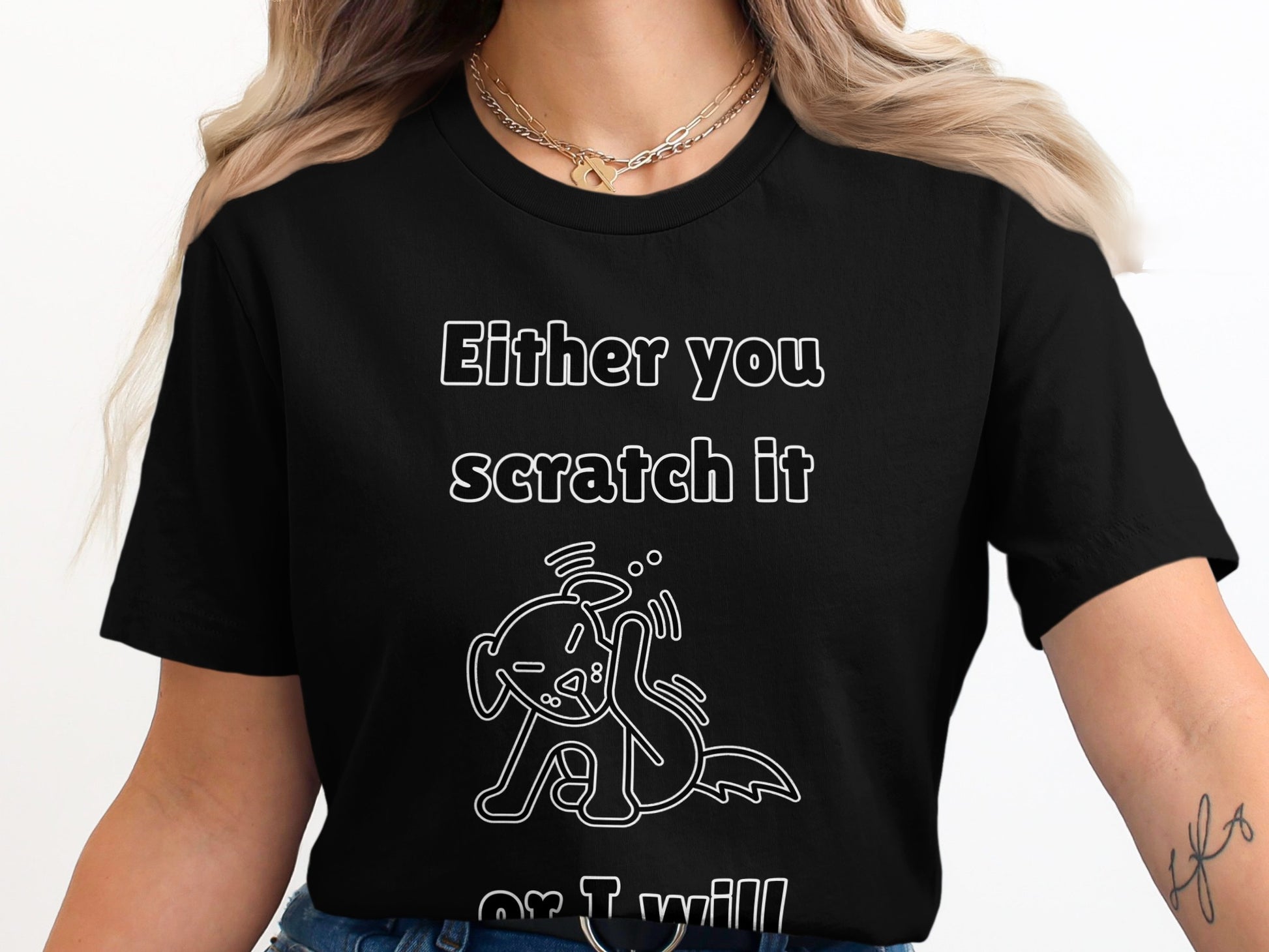 Black t-shirt with white outline text and drawing of a dog.