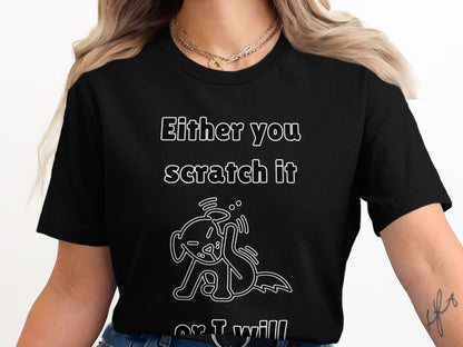 Black t-shirt with white outline text and drawing of a dog.
