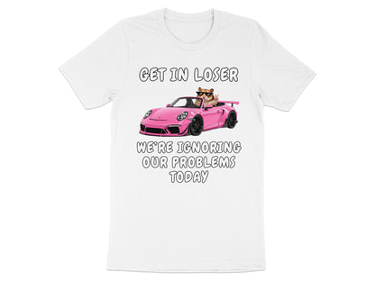 White t-shirt with hamster in sunglasses driving pink convertible and text.