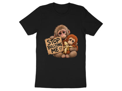 Two sad monkeys embrace, one holding a sign that reads "Stop Bullying Me".