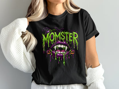 Black t-shirt with "MOMSTER" text, dripping lips, fangs, and pumpkins.