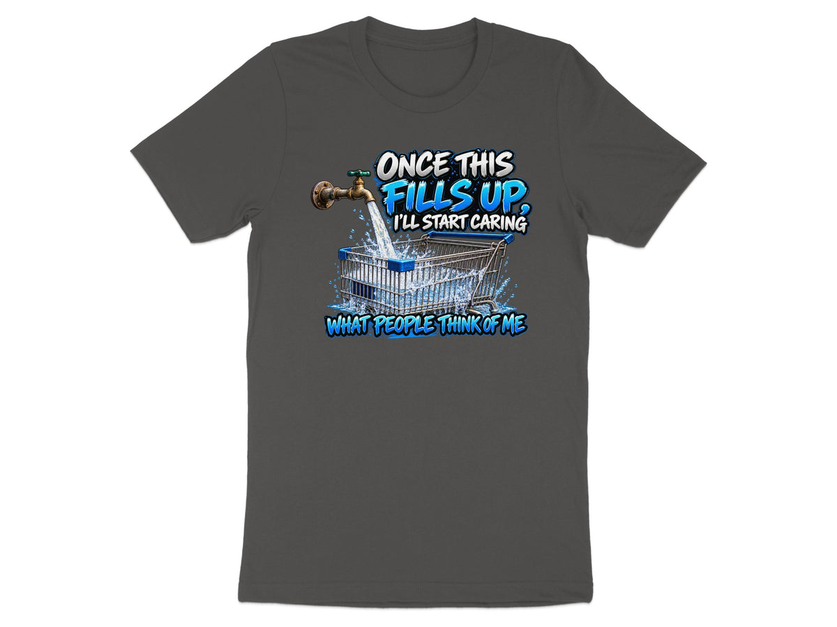 Dark grey t-shirt with graphic of a shopping cart filling with water from a faucet, with text.