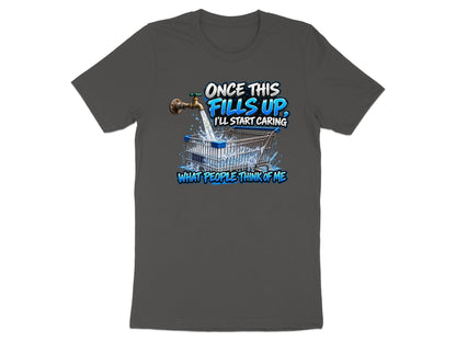 Dark grey t-shirt with graphic of a shopping cart filling with water from a faucet, with text.