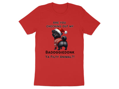 Red t-shirt with a black pug wearing a Santa hat, sweater, and text.