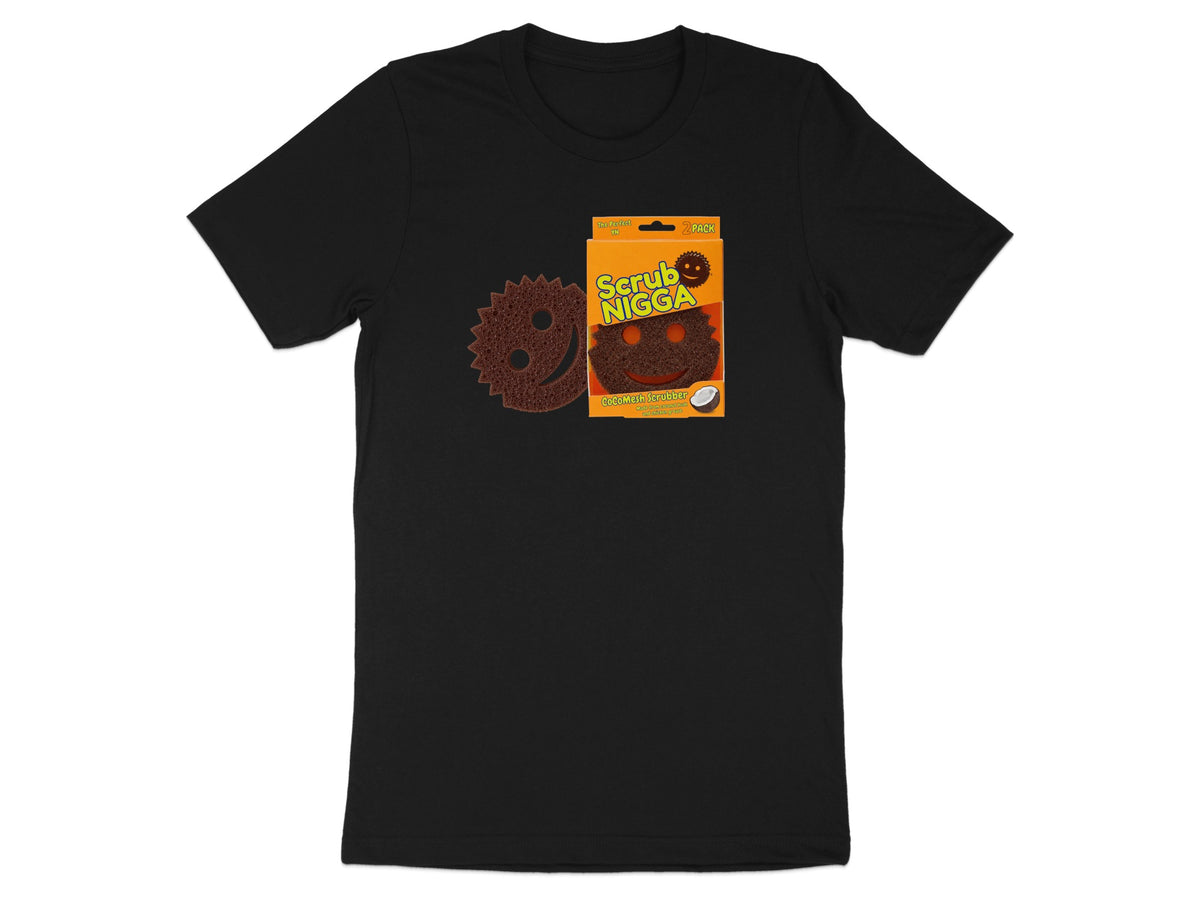Black t-shirt with "Scrub Nigga" 2-pack CoCoMesh scrubber packaging.