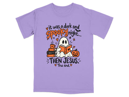 Ghost reading "It was a dark and spooky night..." then Jesus the end.