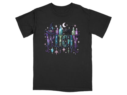Black t-shirt with "WITCHY" text and witchy graphics including a hat, potions, and cat.