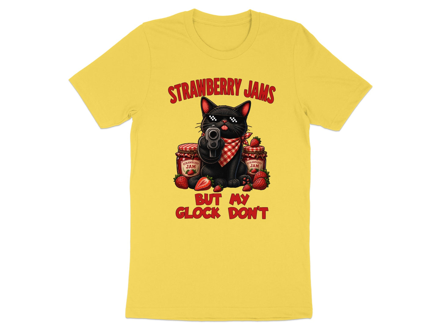 Black cat wearing sunglasses, holding a gun, with strawberry jam jars and text.