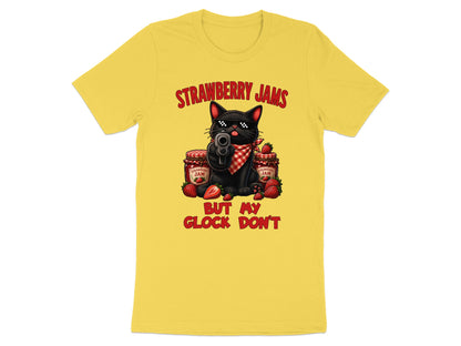 Black cat wearing sunglasses, holding a gun, with strawberry jam jars and text.