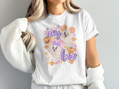 White t-shirt with "hey boo" text and cute Halloween ghosts and pumpkins graphic.
