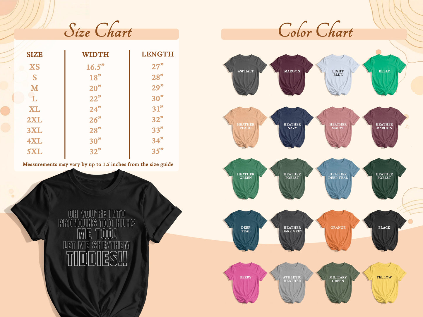Size chart and color options for shirts, including a black shirt with white text.